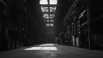 Fototapeta premium The empty grey factory space showcases an industrial atmosphere with an open layout and concrete walls, suitable for manufacturing and creative projects, evoking a sense of abandonment and opportunity
