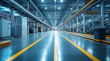 Fototapeta premium The empty grey factory space showcases an industrial atmosphere with an open layout and concrete walls, suitable for manufacturing and creative projects, evoking a sense of abandonment and opportunity