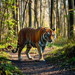 Fototapeta premium A tiger is walking on a path in the woods