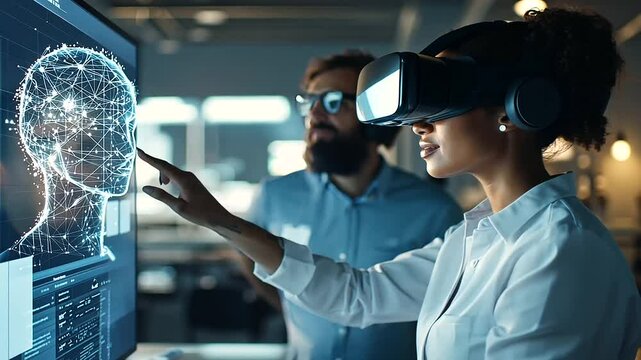 engineer and a user working together on generative AI tools, with virtual assistant technology guiding their interaction on a digital screen