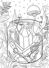 Black-and-white illustration of crystals and mushrooms inside a jar, surrounded by leaves and natural elements. Whimsical, botanical, magical theme with focus on nature. For coloring pages