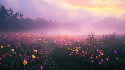 Naklejka premium Misty Pastel Meadow Filled with Colorful Blooming Flowers at Sunrise or Sunset