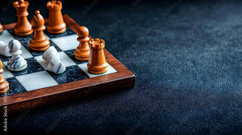 Poster exquisite wooden and marble chess board with carefully crafted pieces showcasing the elegant design 