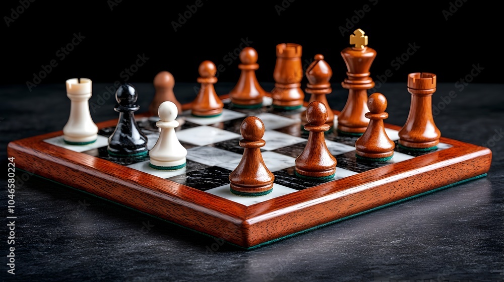 Poster exquisitely designed chessboard with wooden and marble chess pieces showcasing the elegant craftsman