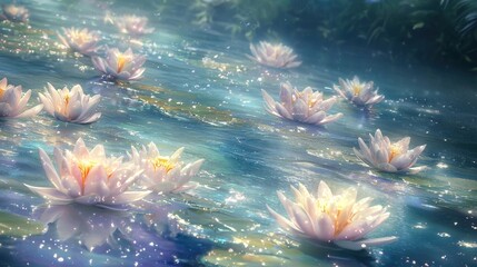 Fototapeta premium Mystical Lotus River Serene Floating Flowers on a Tranquil Water Body