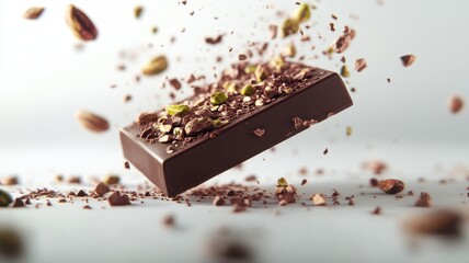 Dubai Chocolate Kunafa Pistachio on white background,Dubai Chocolate bar with green kadayif and pistachio spread,popular and viral chocolate 2024,space for text.