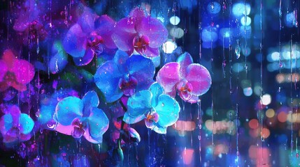 Neon Orchid Blossoms Dancing in the Watercolor Rain