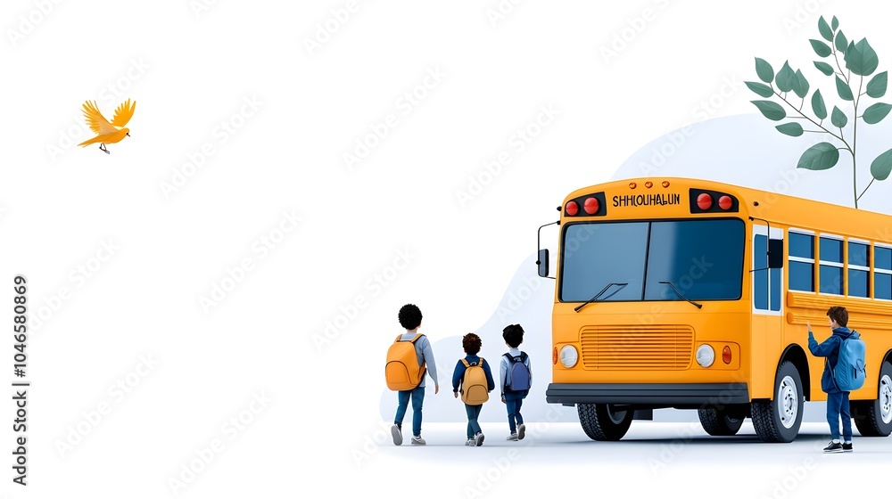 Poster school bus arrival on the first day of term with students stepping off and heading into the building