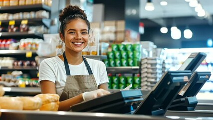 Checkout Joy. Cheerful Cashier in a Supermarket, Handling Transactions and Looking at the Camera with a Warm Smile