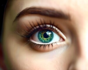 Fototapeta premium Close-up of beautiful female eye of green colour with long eyelashes on light background. Poster. Banner. Copy space. 