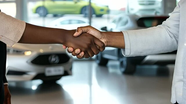 Car Dealership Meeting. Happy Black Woman Shaking Hands with a Salesperson, with a Car Showroom in the Background and Copy Space Available