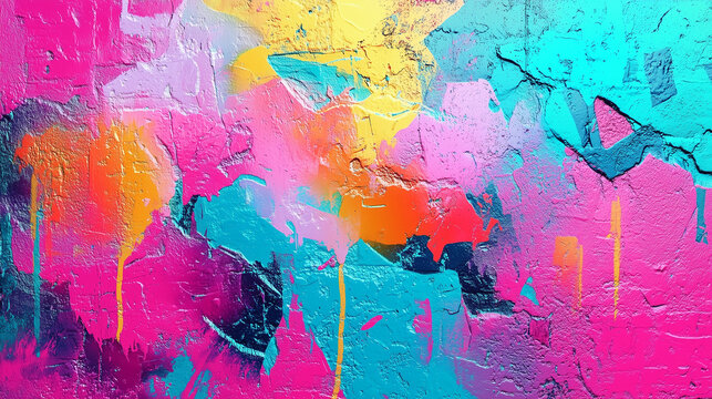 Fototapeta Bright pop art graffiti wall textured background wallpaper design. Vivid neon color palette.