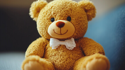 Fototapeta premium Cute brown teddy bear with a lace bowtie sitting on a couch.