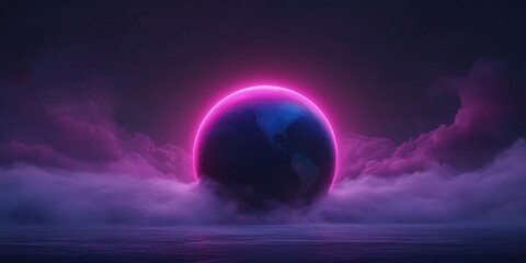 Vibrant earth globe with pink halo amidst mystical cloudscape