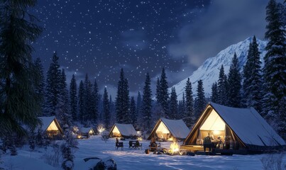 Campsite with tents and campfire in snowy forest.