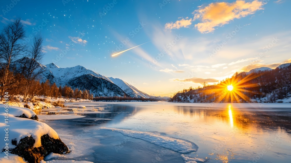 Poster mesmerizing comet streaks across the frozen surface of a tranquil lake its luminous tail reflected i