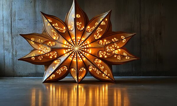 Decorative wooden lamp with intricate floral design and warm lights.