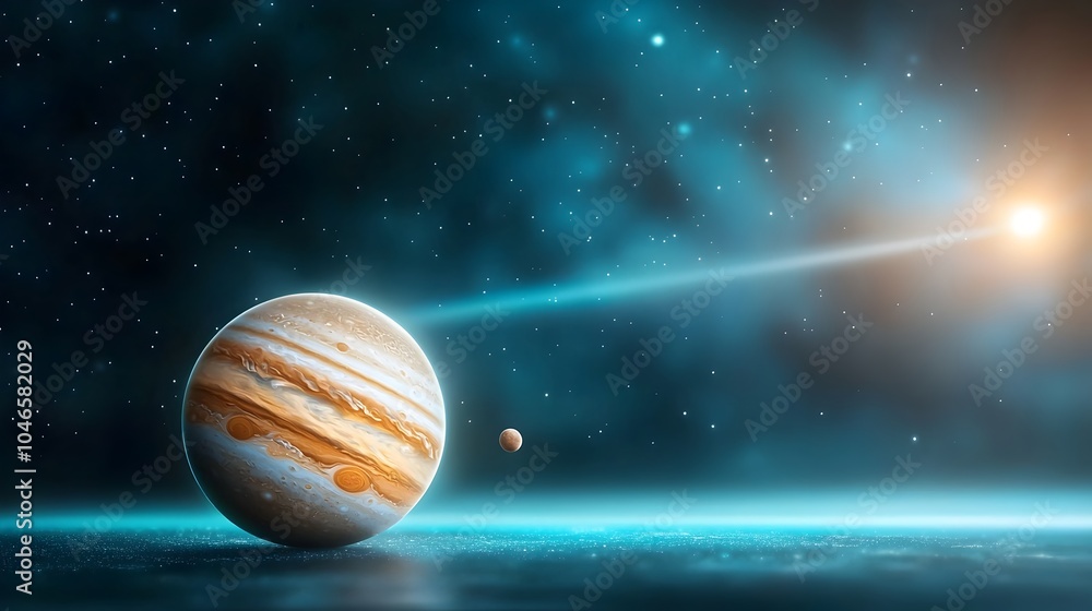 Poster distant comet with a brilliant tail streaking across the surface of a distant planet set against the