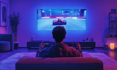 Man playing racing game on couch.