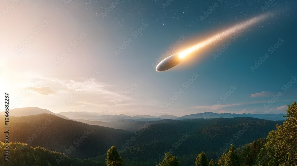 Poster majestic comet soars above ancient forest its celestial glow casting enchanting shadows and illumina