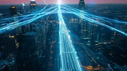 digital pathways cityglowing modern nighttime network view ai footage city building futuristic light glowing neon landscape night illuminated skyscraper connection pathway urban cyber technology arch - Powered by Adobe
