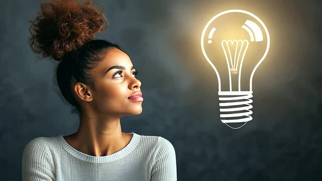 A thoughtful woman sitting at a desk, gazing upwards with a curious expression as a light bulb icon appears above her head, symbolizing an idea