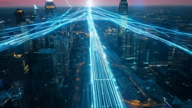 digital pathways cityglowing modern nighttime network view ai footage city building futuristic light glowing neon landscape night illuminated skyscraper connection pathway urban cyber technology arch - Powered by Adobe