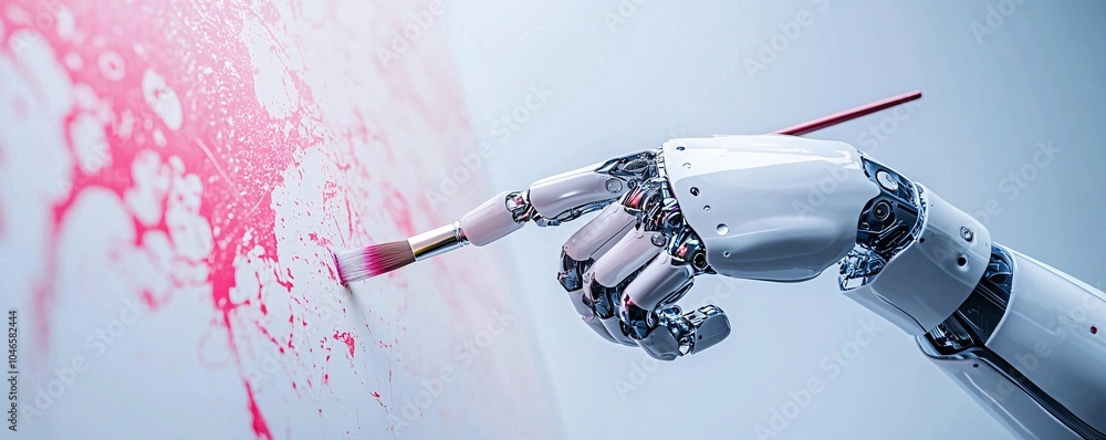 Poster a close-up of a robotic hand holding a paintbrush, contributing to a digital canvas that displays a 