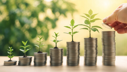 This conceptual image symbolizes financial growth, showing small plants growing from stacked coins with a hand placing a coin, representing investment and success.