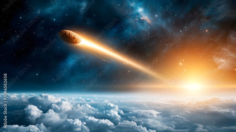 Poster majestic comet streaking across the celestial canvas with distant galaxies shimmering in the starry 