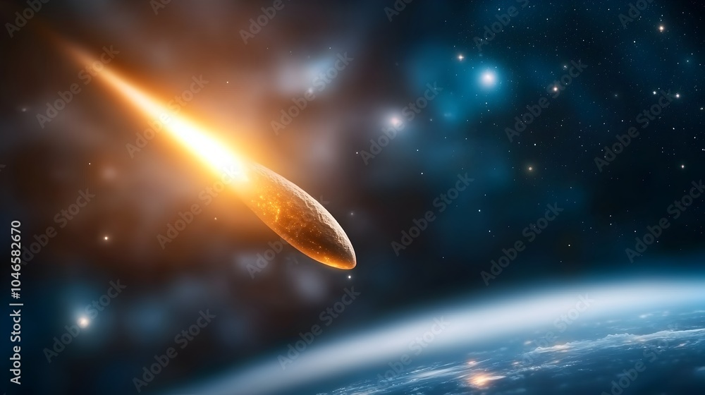 Poster mesmerizing image of a comet passing close to earth with its luminous tail lighting up the dark sky 