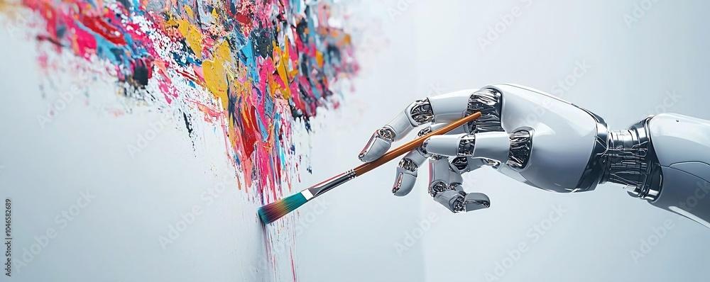 Poster a close-up of a robotic hand holding a paintbrush, contributing to a digital canvas that displays a 