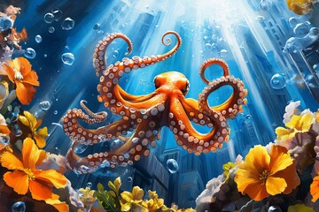 Obraz premium Octopus Among Flowers.