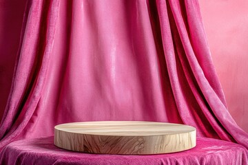 Empty wooden podium on table with tablecloth over viva magenta background. Valentines day mock up for design and product display with generative ai