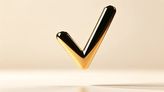 A shiny gold tick mark with a reflective surface, symbolizing confirmation or the correct choice, isolated on a neutral background