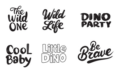 Collection of text lettering for Dino Party. Hand drawn vector art.