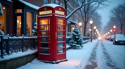 A red telephone booth is covered in snow