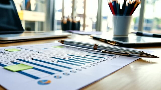 A printed Gantt chart on a desk with employee names and work hours plotted, surrounded by pens and sticky notes for project planning