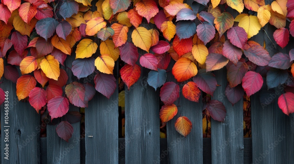 Poster Colorful leaves on a garden fence