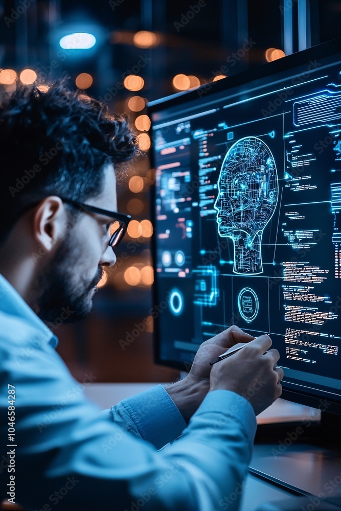 Poster a high-tech studio with ai tools generating art on a large screen, where human creativity and artifi