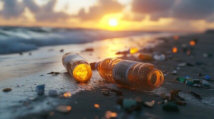 Plastic bottles litter a sandy beach at sunset, highlighting the environmental problem of pollution.