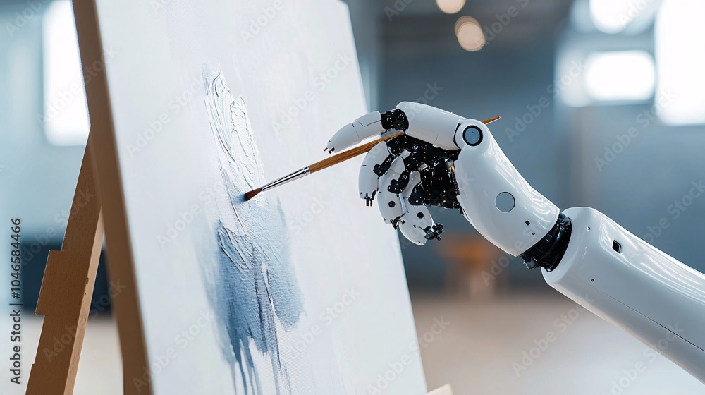 Poster a robot arm paints on a canvas, guided by ai-driven software, in a modern studio setup with clean li