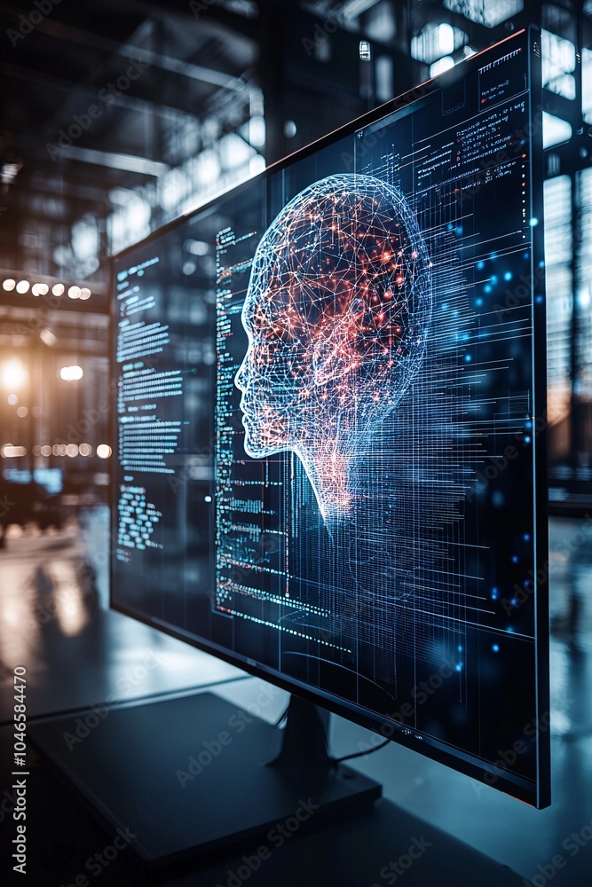 Poster a high-tech studio with ai tools generating art on a large screen, where human creativity and artifi