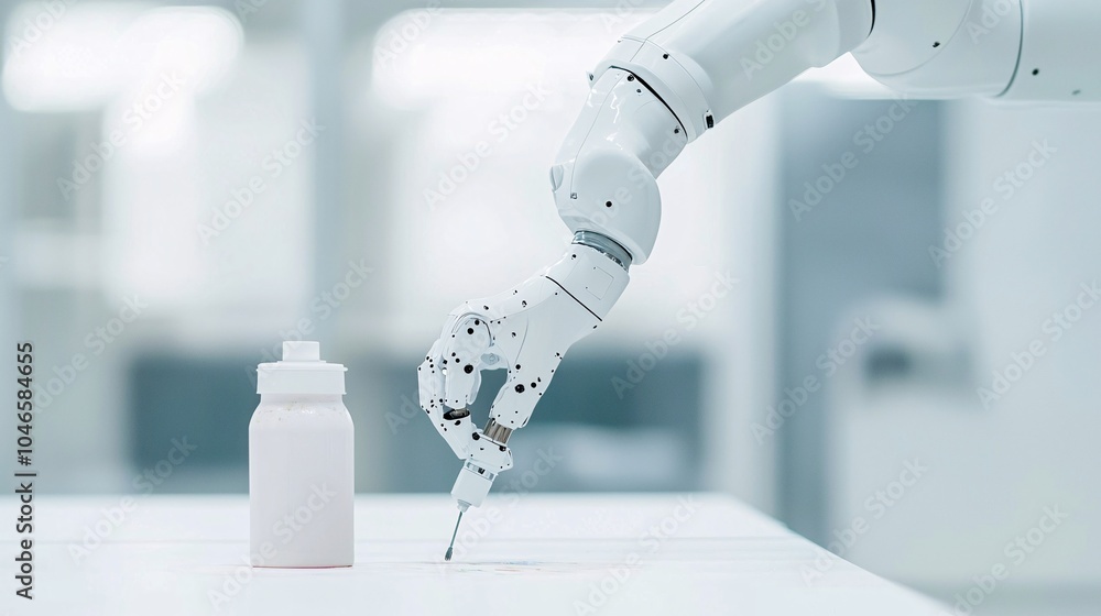 Poster a robot arm paints on a canvas, guided by ai-driven software, in a modern studio setup with clean li