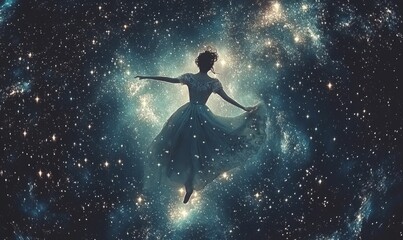 Naklejka premium Silhouette of woman in a dress amidst the stars.