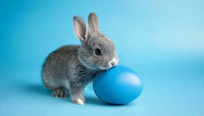 灰色の赤ちゃんウサギとイースターエッグ（gray rabbit baby with painted egg）

