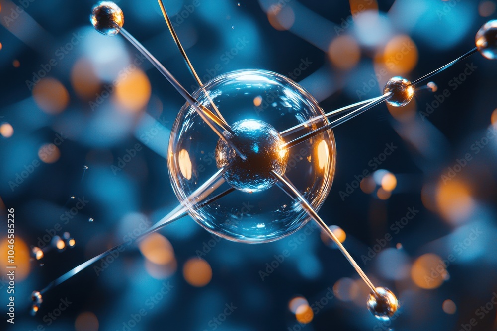 Poster realistic depiction of an atom with orbiting electrons and protons connected by rings, representing 