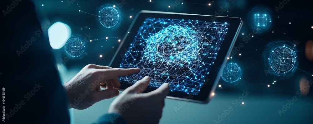Poster an ai-driven tool assists an artist in creating a complex geometric design on a tablet, with icons r