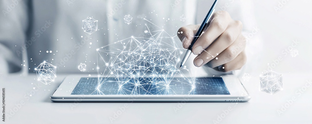Poster an ai-driven tool assists an artist in creating a complex geometric design on a tablet, with icons r