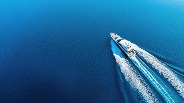 Luxury yacht gliding over the calm blue sea, aerial view, serene and elegant.